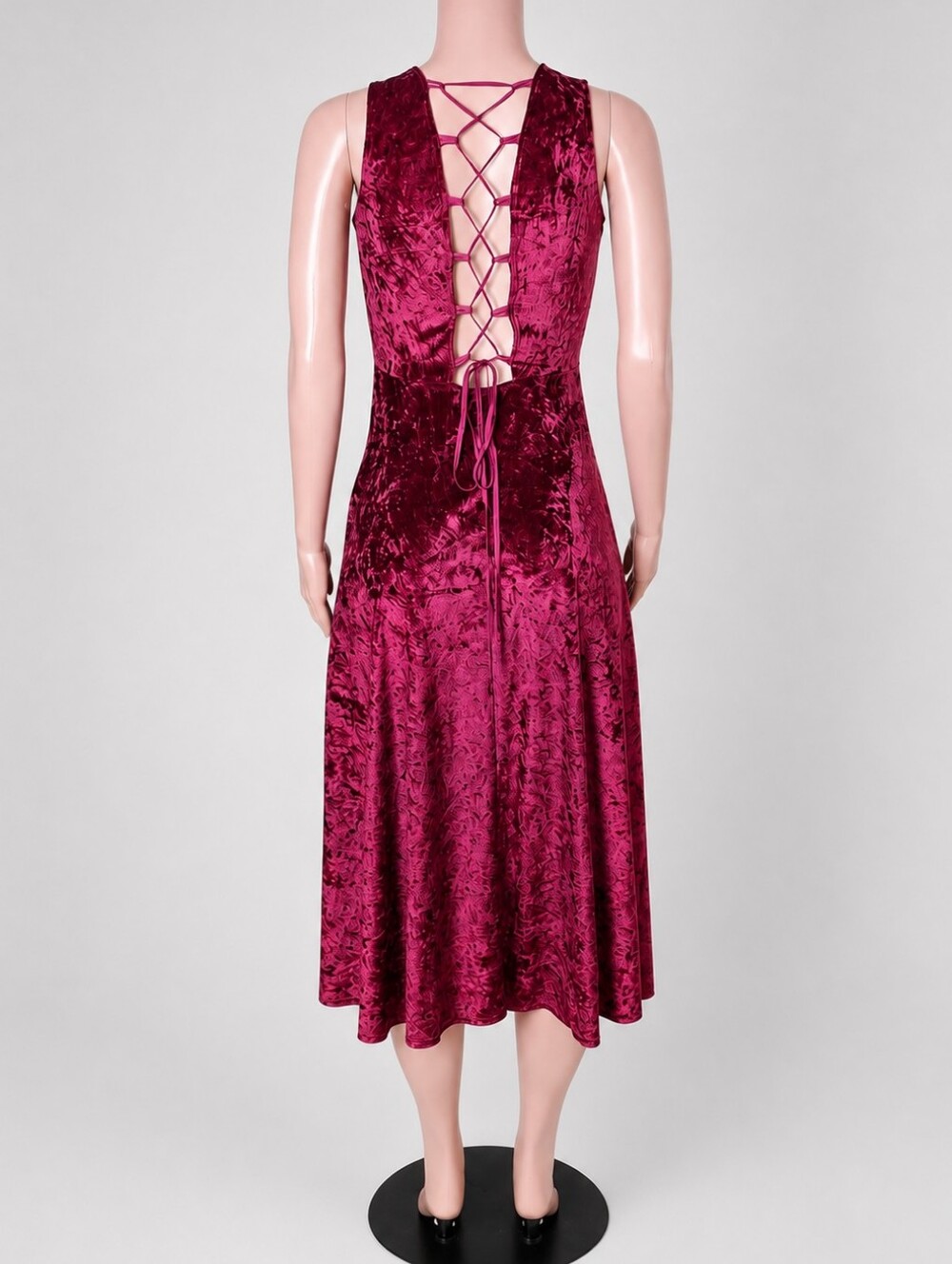 Vintage 90s SWITCH USA Crushed Velvet Midi Dress Lace Up Corset Back Burgundy